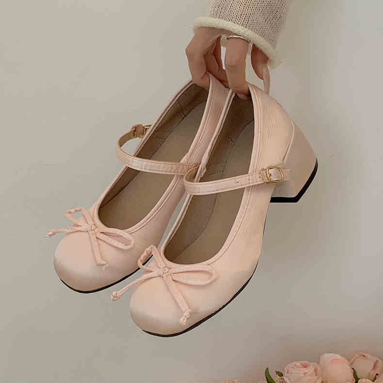 Ballet Satin Thick Heel Shoes