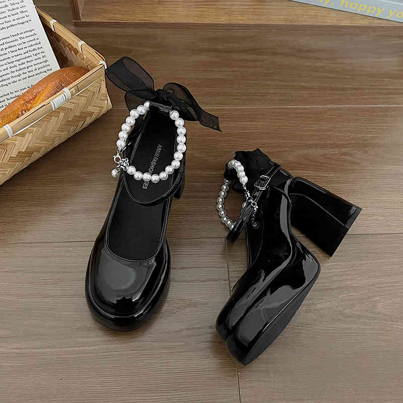 Preppy Lace Bow Pearls Mary Jane Shoes