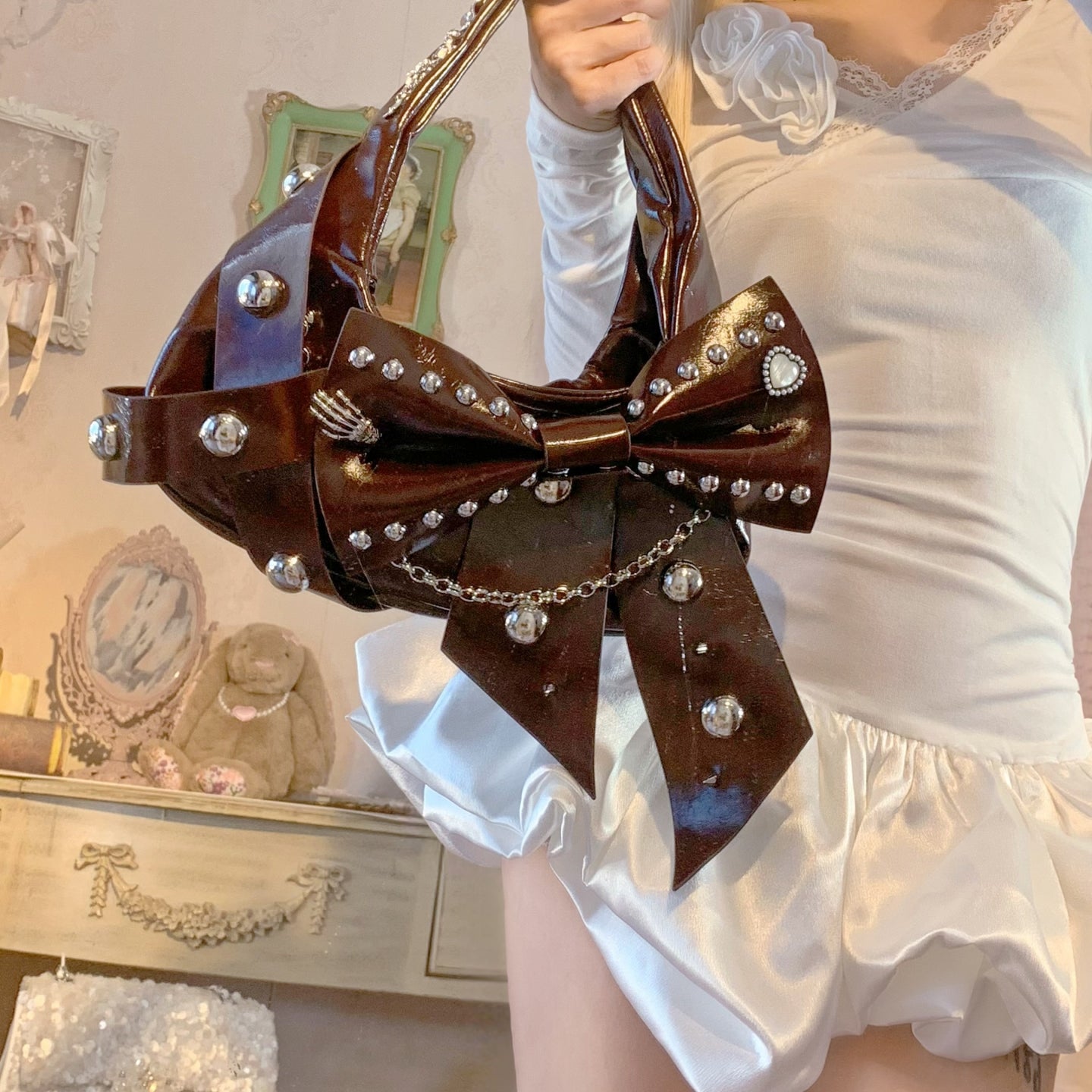 Metal Punk Ballet Bow Chain Handbag