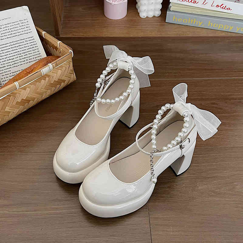 Preppy Lace Bow Pearls Mary Jane Shoes