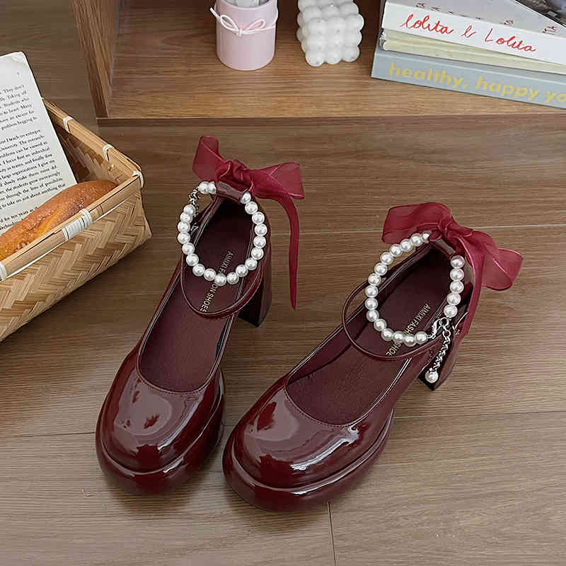 Preppy Lace Bow Pearls Mary Jane Shoes