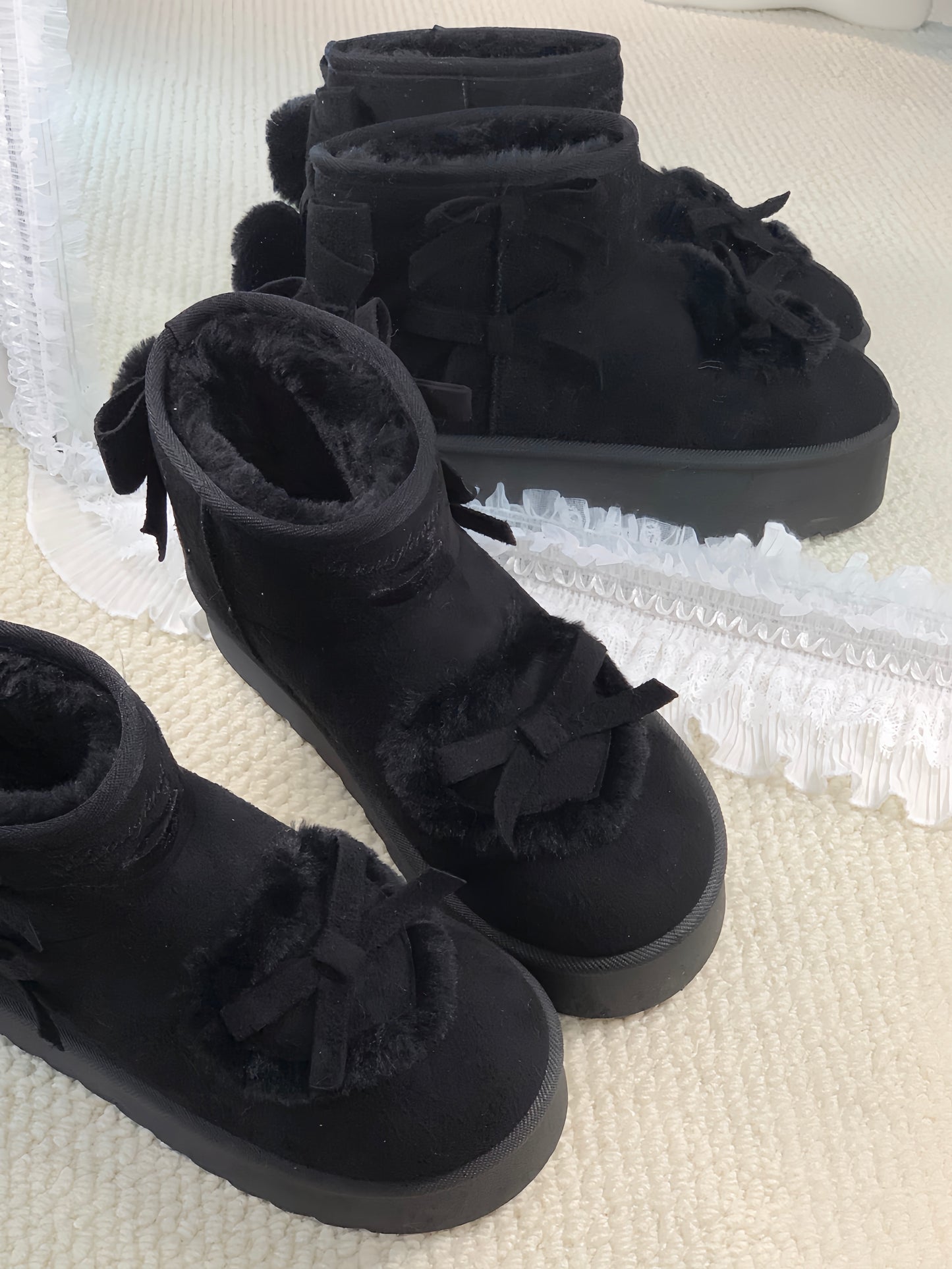 pink velvet heart-knot thick-soled snow boots