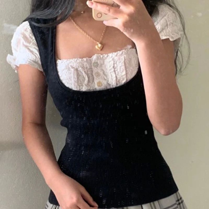 Korean Kawaii Patchwork Women T-shirt Y2K Aesthetic Vintage