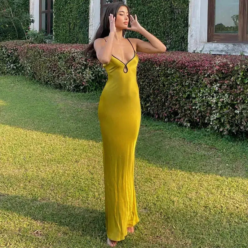 Satin Backless Maxi Dress Yellow