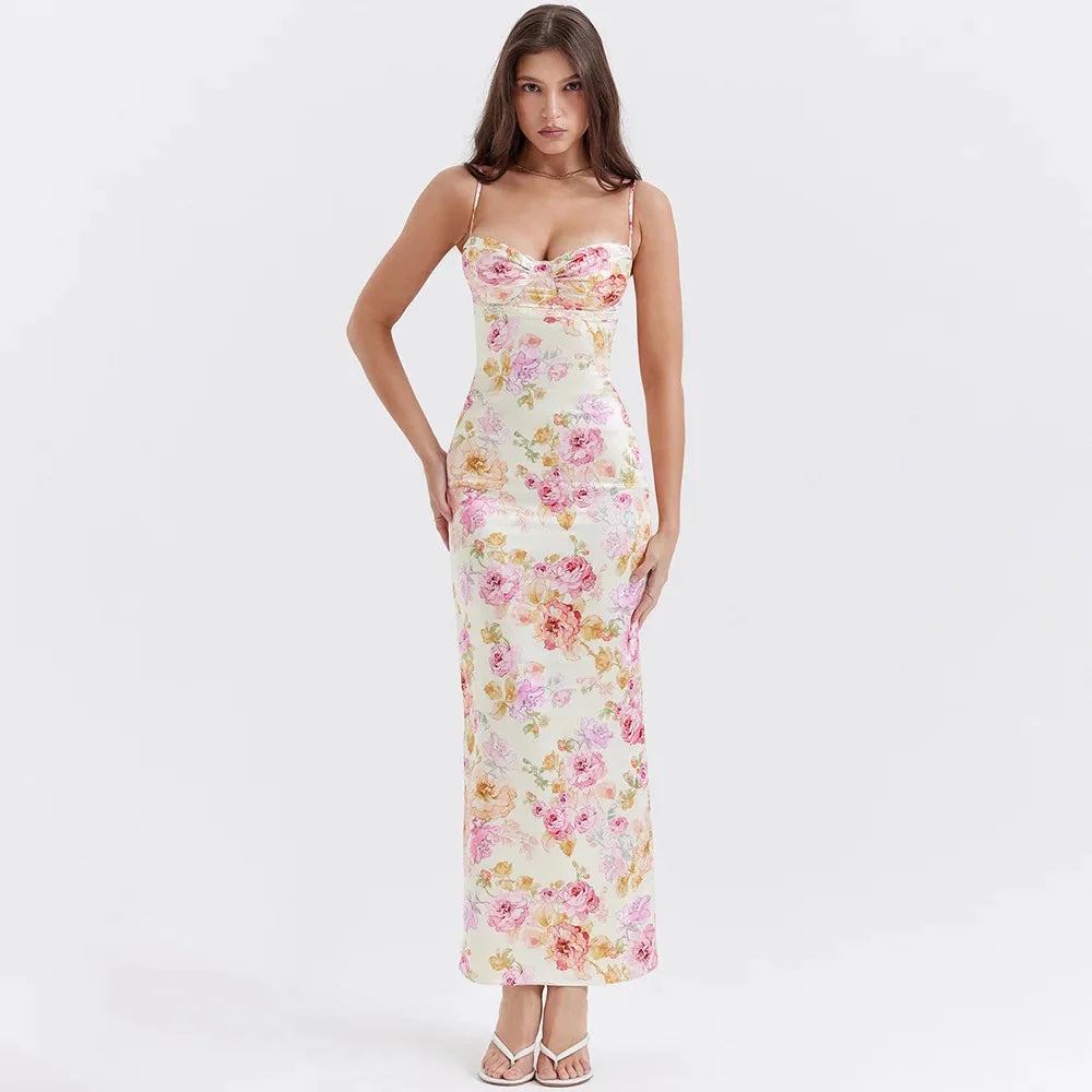 Satin Floral Pencil Maxi Dress White