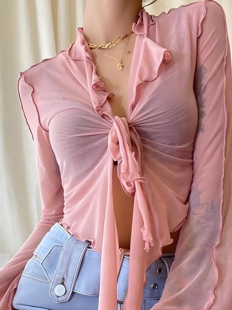 Tie Front Mesh Top Pink One Size