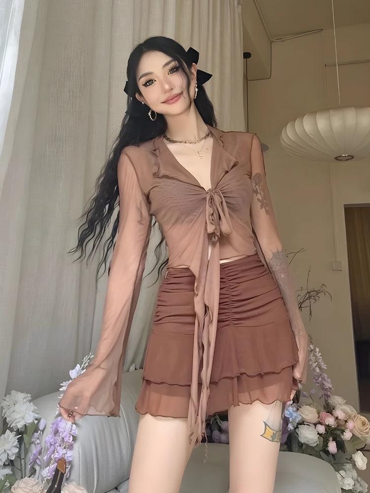 Tie Front Mesh Top Light Brown One Size