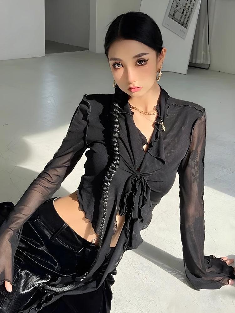 Tie Front Mesh Top Black One Size