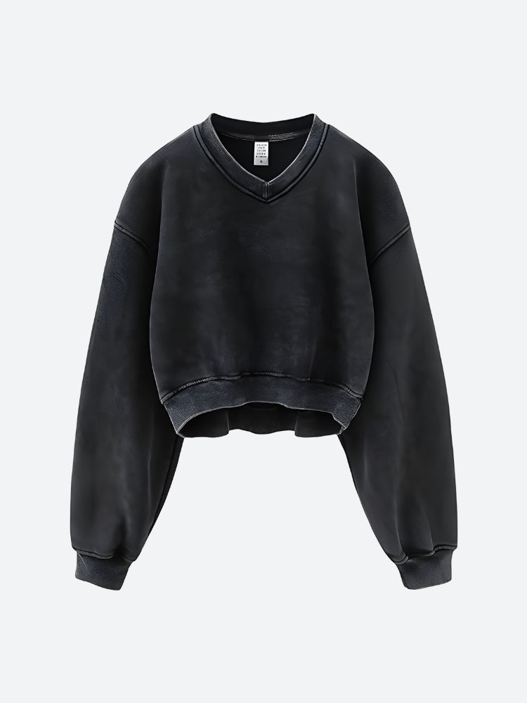 V-Neck Drop Shoulder Cropped Sweatshirt Black