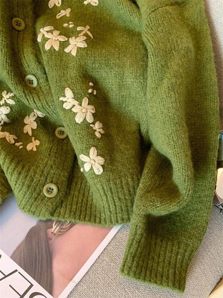 Vintage Daisy Embroidered Green Cardigan