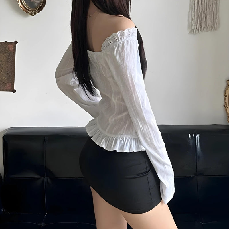 Vintage Ruffled White Long Sleeve Crop Top