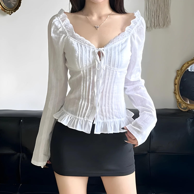 Vintage Ruffled White Long Sleeve Crop Top