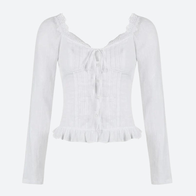 Vintage Ruffled White Long Sleeve Crop Top