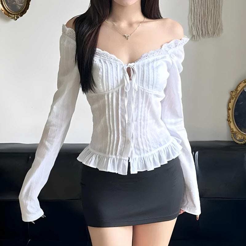Vintage Ruffled White Long Sleeve Crop Top White