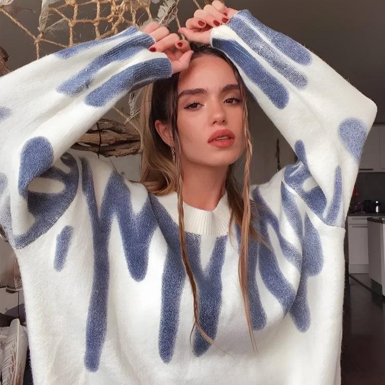 Wavy Line Design Knitted Sweater Blue One Size
