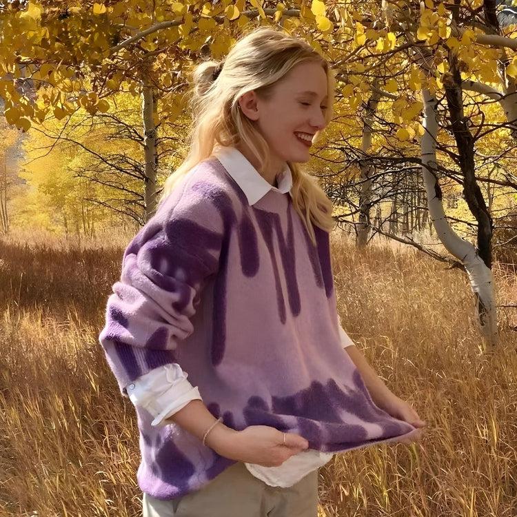 Wavy Line Design Knitted Sweater Purple One Size