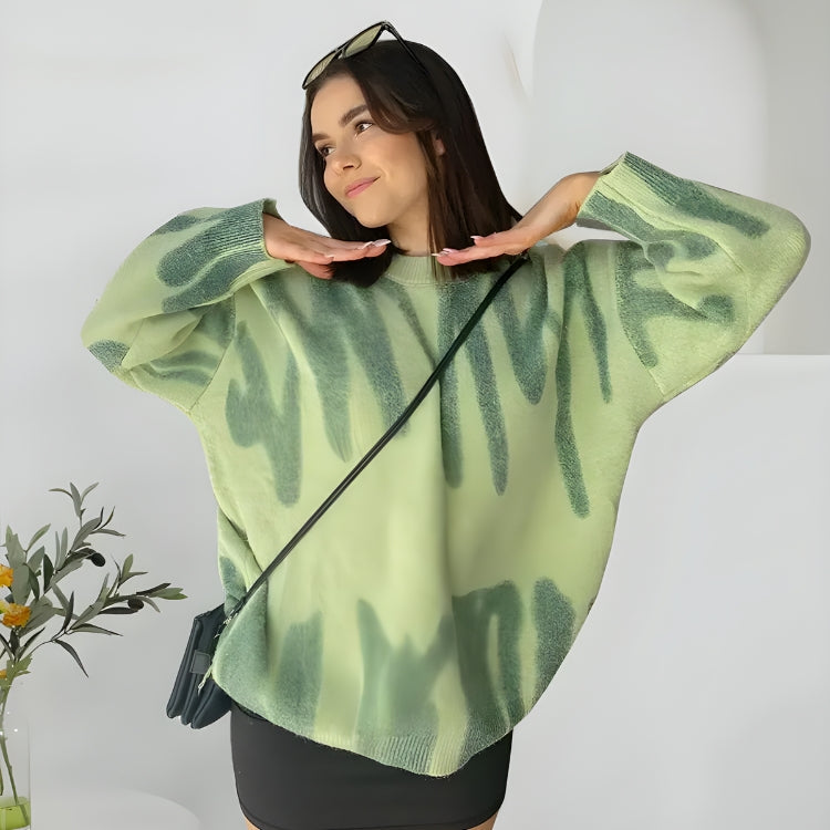 Wavy Line Design Knitted Sweater Green One Size