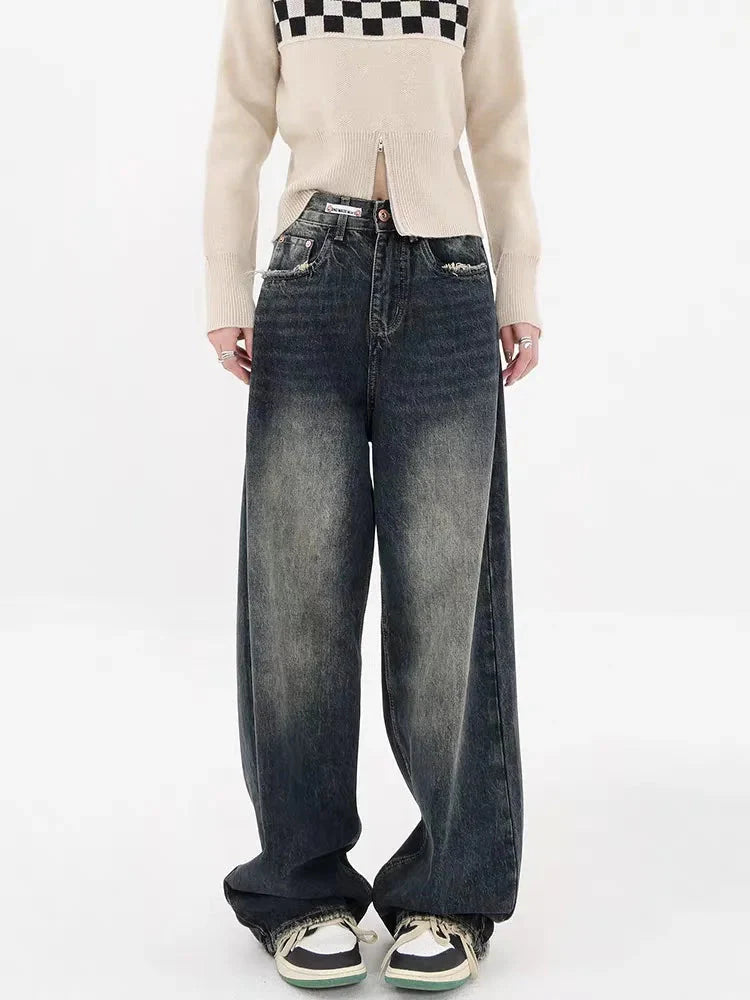 Y2K Distressed Pocket Barrel Jeans Black