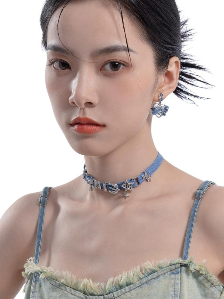 Y2K Sparkle Denim Choker Necklace Buckle Pendant