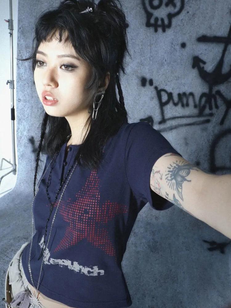 Y2K Star Button-Up Tee Navy