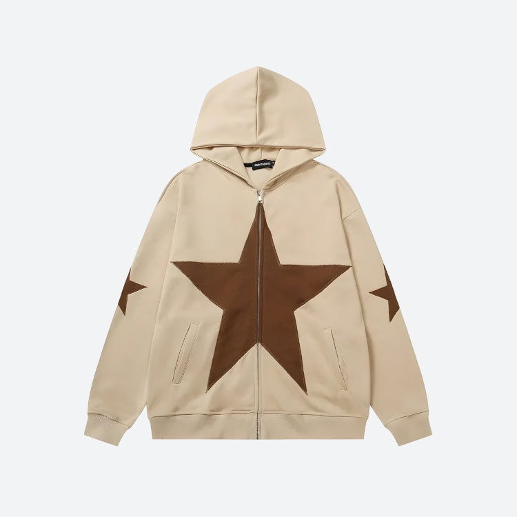 Y2K Star Patch Zip-Up Hoodie Cream
