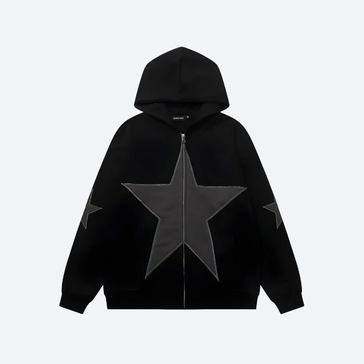 Y2K Star Patch Zip-Up Hoodie Black