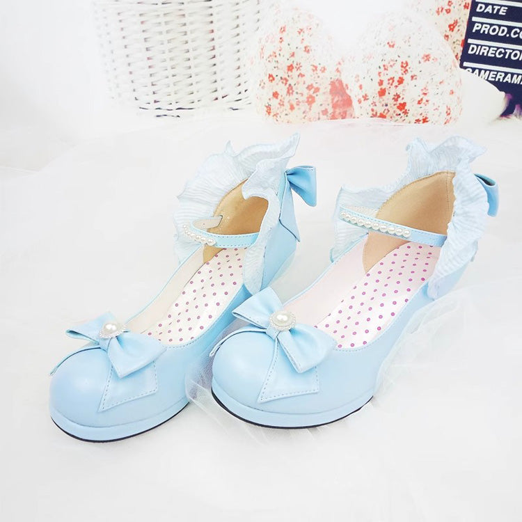 Bowknot Strappy Ruffle PU Sweet Lolita Shoes 5 Colors Light Blue