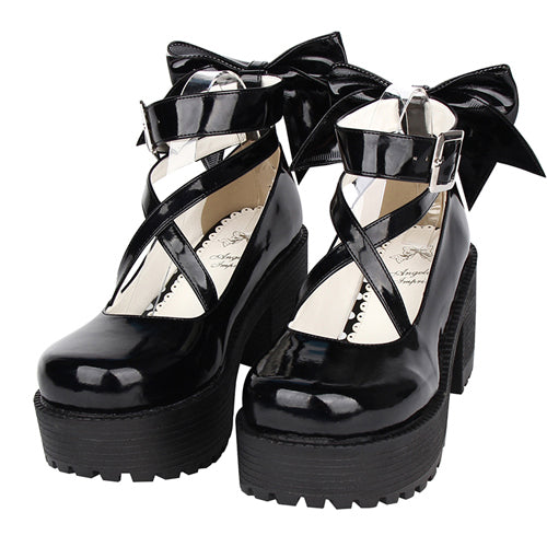 Black Patent Leather Cute Bowknot Lolita Round-toe High Heel Shoes Black
