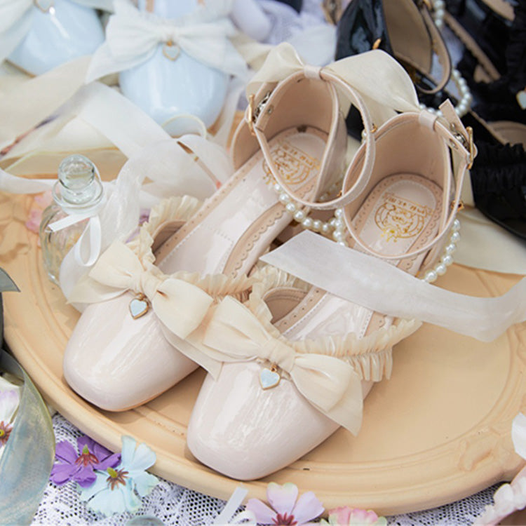 Romance Bowknot Lace Pearl Sweet Elegant Lolita Shoes 4 Colors Apricot
