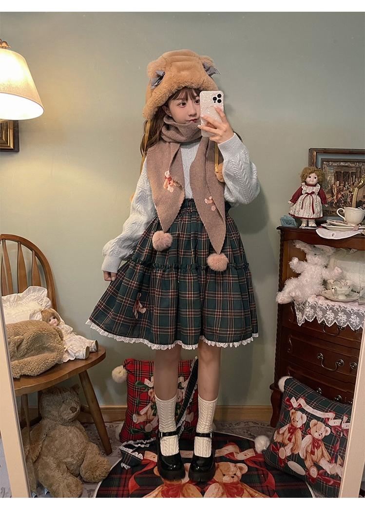 Christmas Vintage Lolita Skirts Doll Collar Blouse Plaid Skirt Set