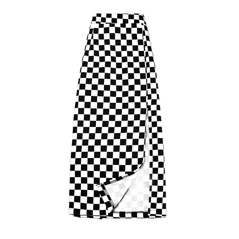 Checkerboard Print Long Plaid Skirt