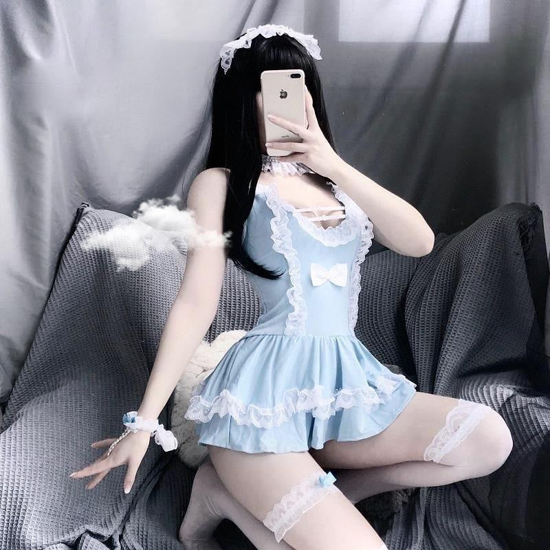 Baby Blue Maid Dress Outfit With Stockings