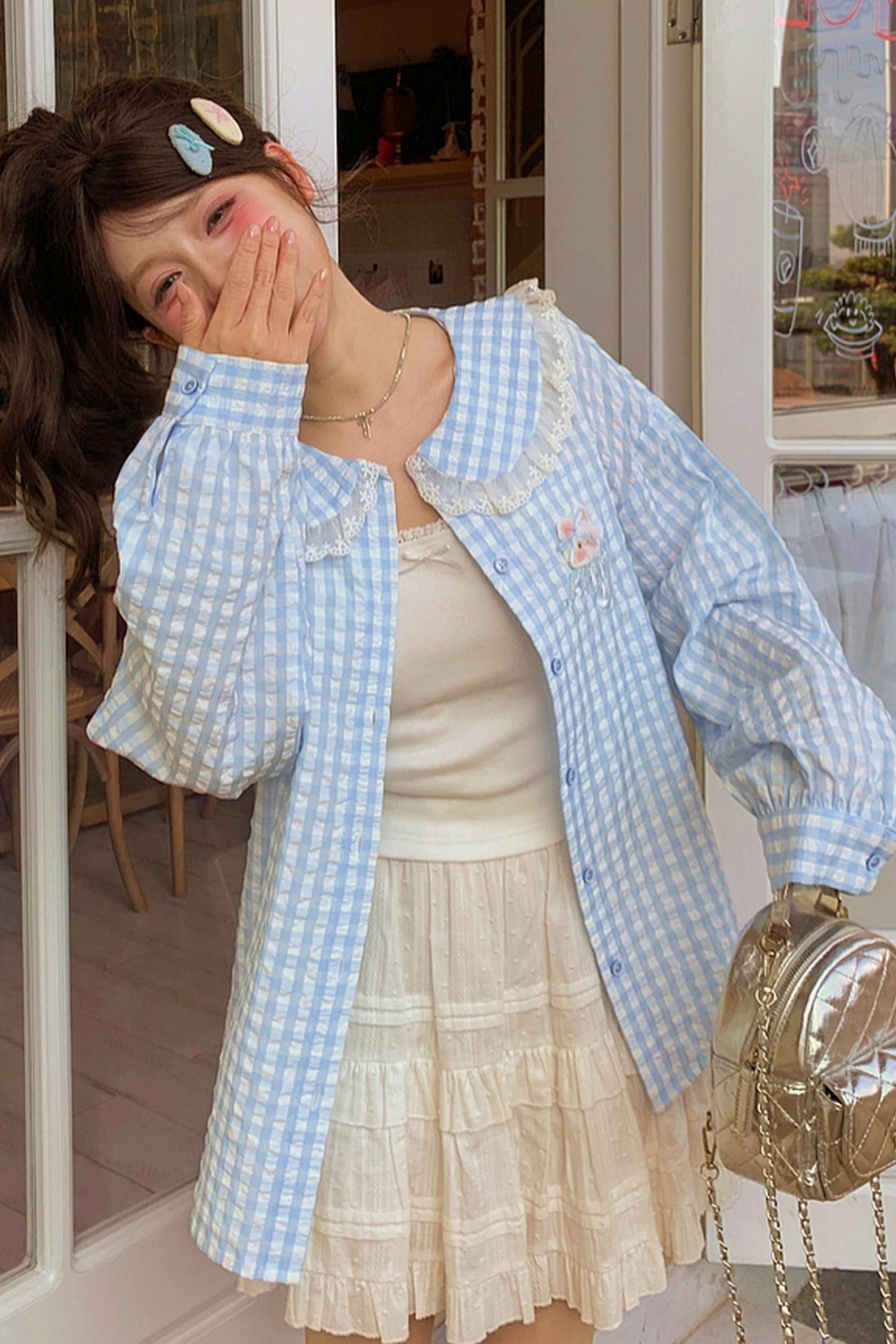 Cat Check Doll Collar Blouse