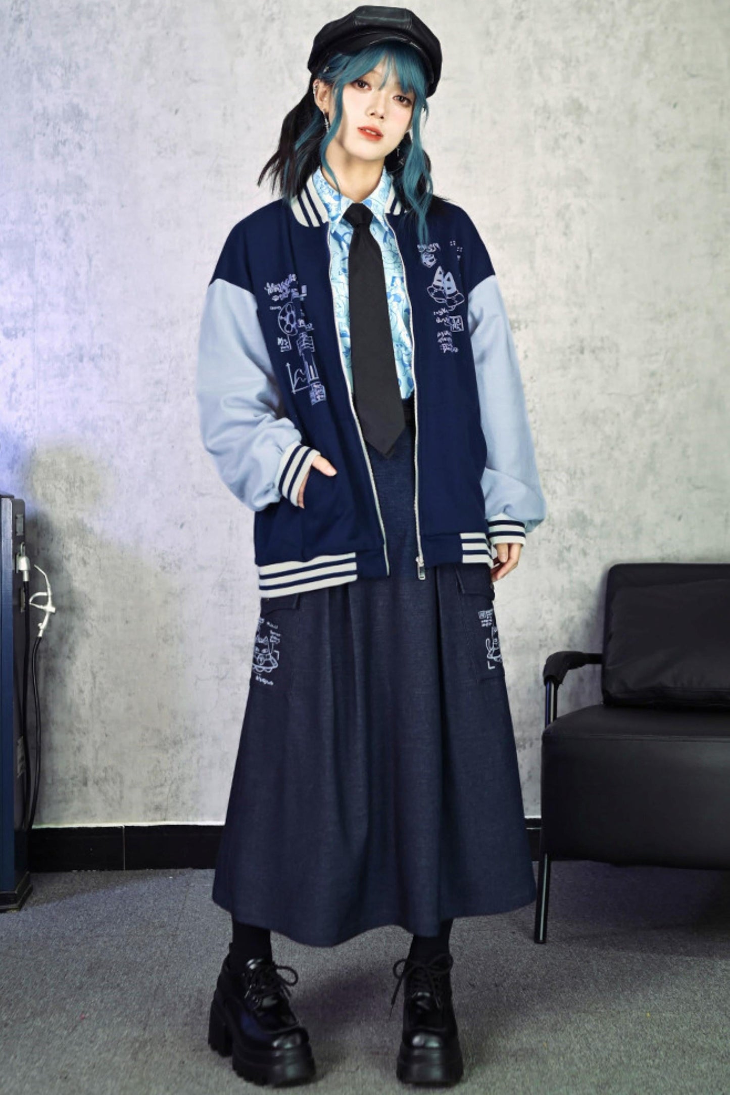 Cat Print Denim Skirt