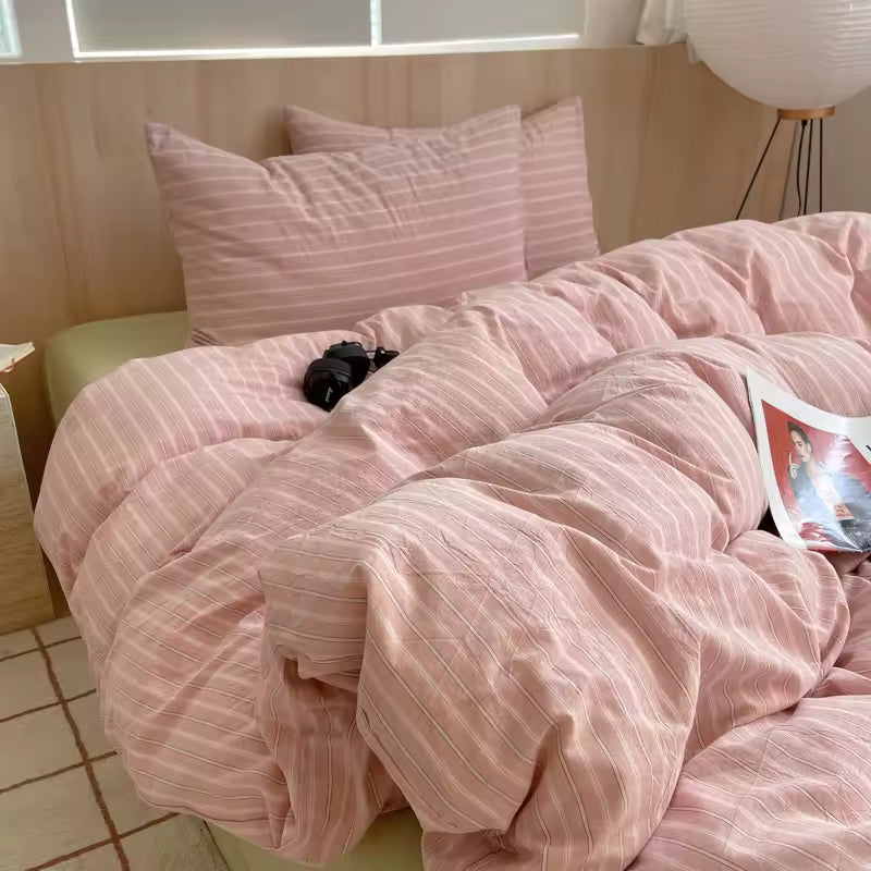 Pastel Pink Striped Cotton Duvet Cover Set