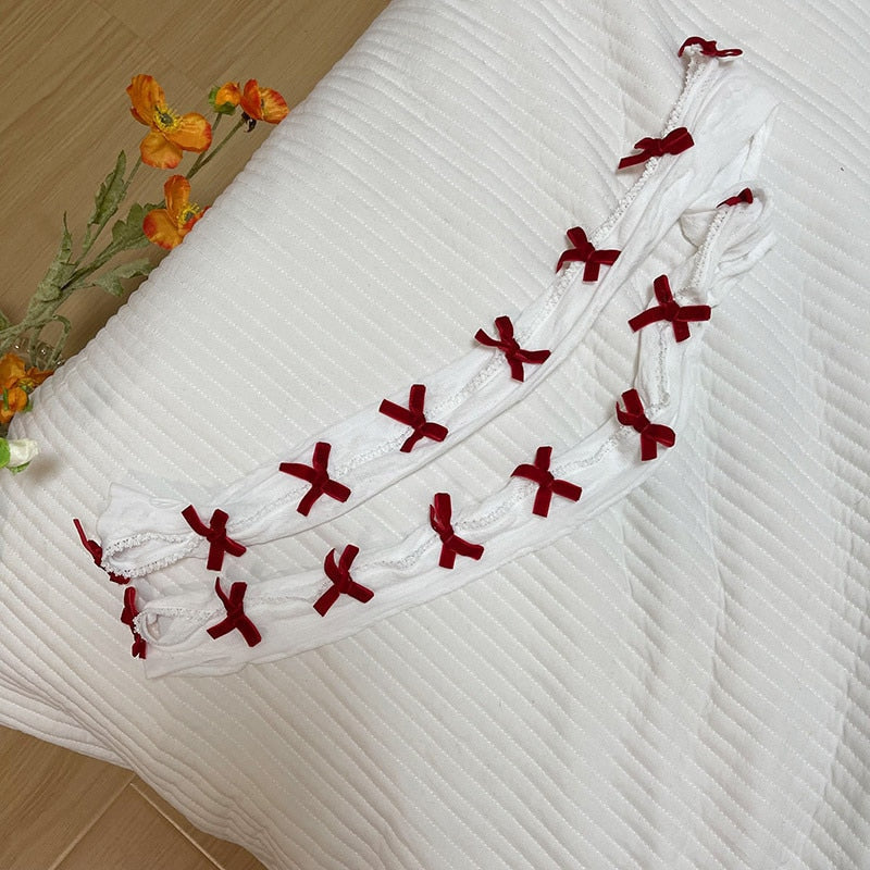 Bow Lace Gloves White & Red Bows