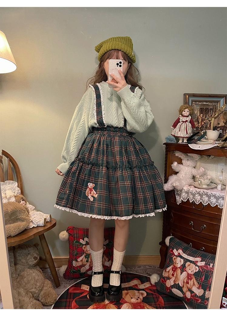 Christmas Vintage Lolita Skirts Doll Collar Blouse Plaid Skirt Set
