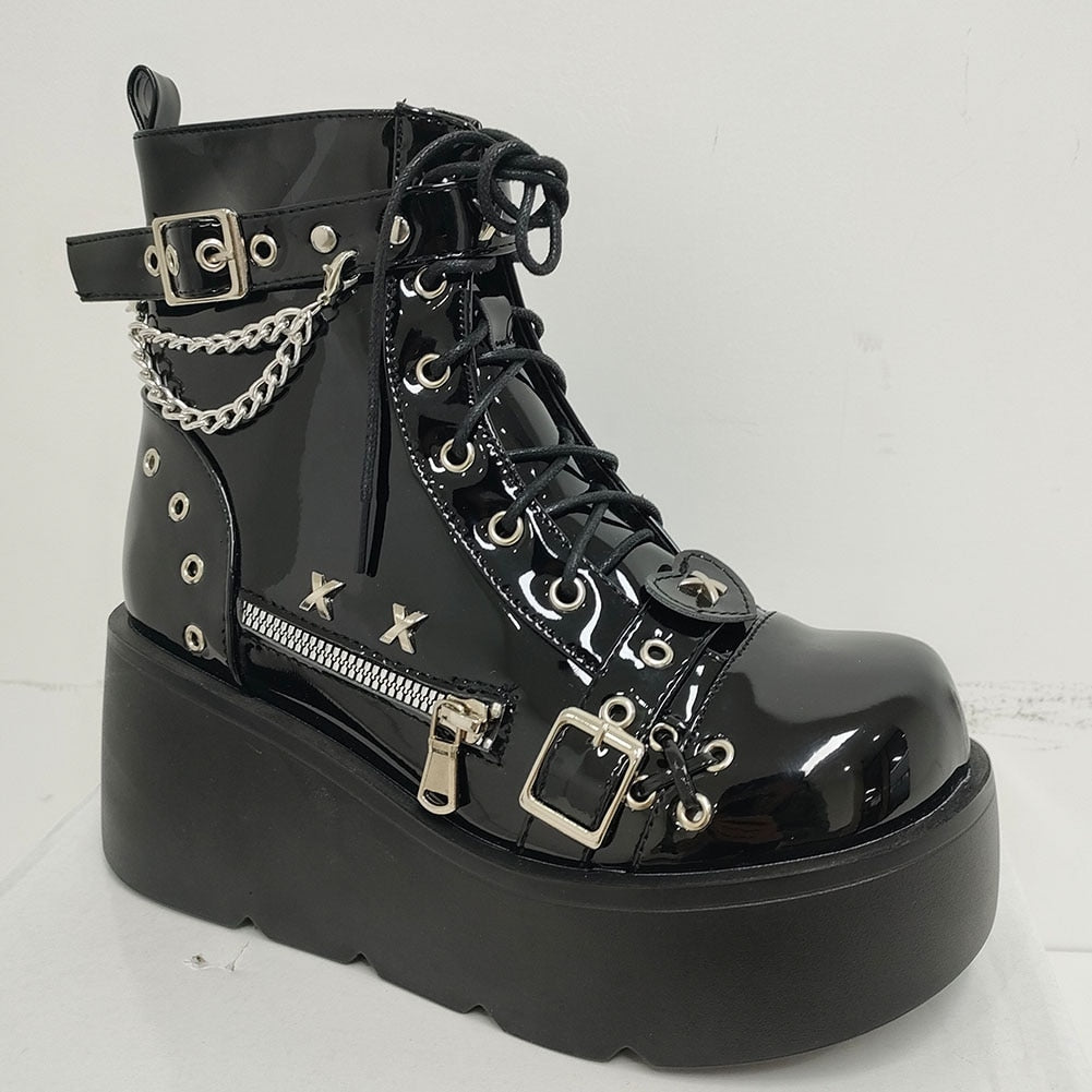 Cyber Punk Babydoll Booties Black Low Shiny