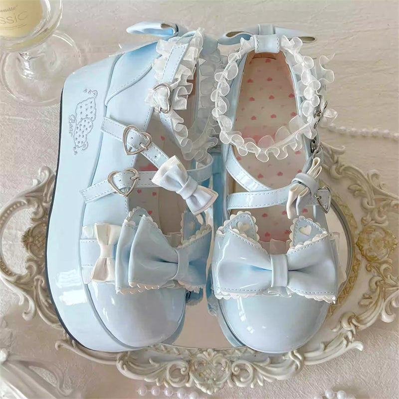 Confession Willingness Height Increasing Print Bowknot Lace Sweet Lolita Shoes 4 Colors Blue