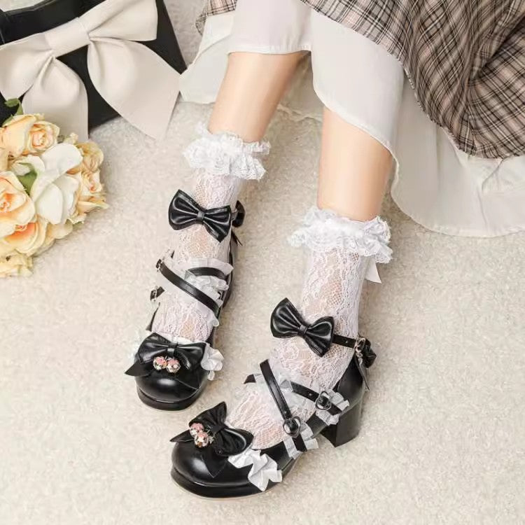 Sweet Bowknot Stitching Lace Princess Lolita High Heels 6 Colors Black