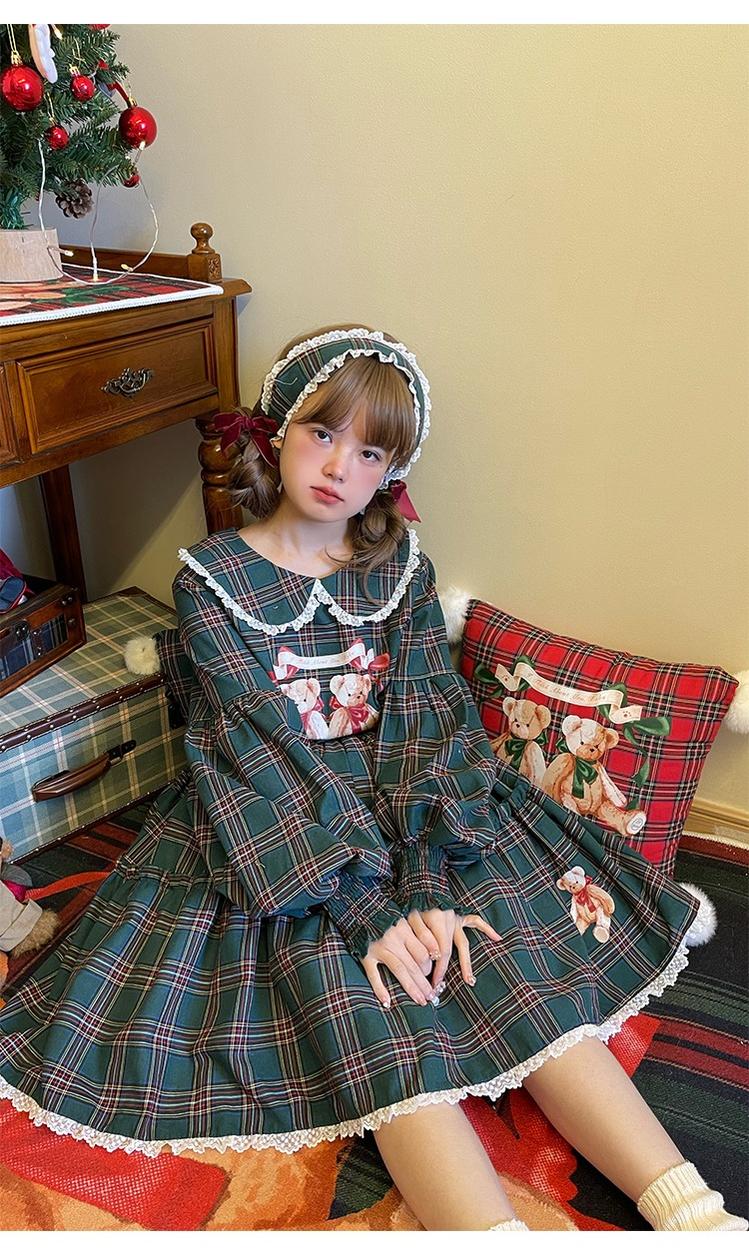 Christmas Vintage Lolita Skirts Doll Collar Blouse Plaid Skirt Set