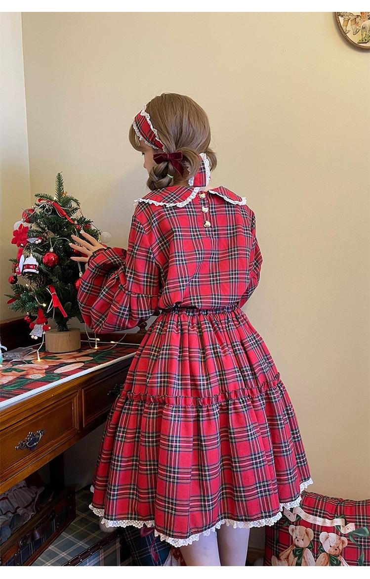 Christmas Vintage Lolita Skirts Doll Collar Blouse Plaid Skirt Set