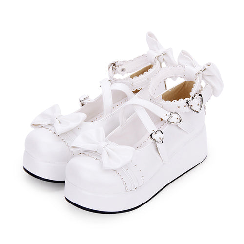 Cute Round Toe Shallow Mouth Bowknot Middle Heels Lolita Shoes White