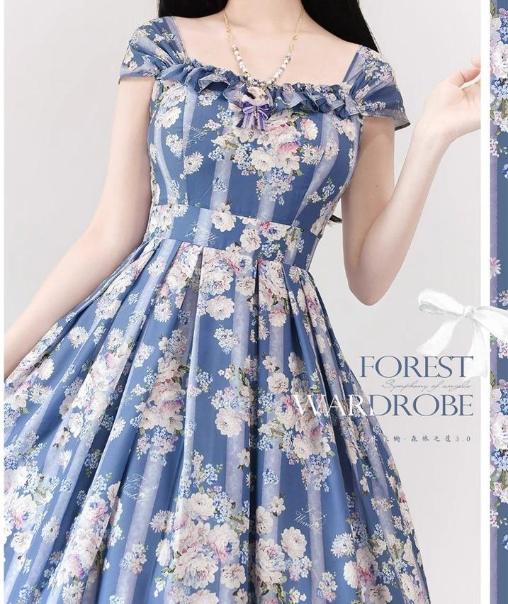 Vintage Lolita JSK Dress Summer Thin Dress blue flower wall