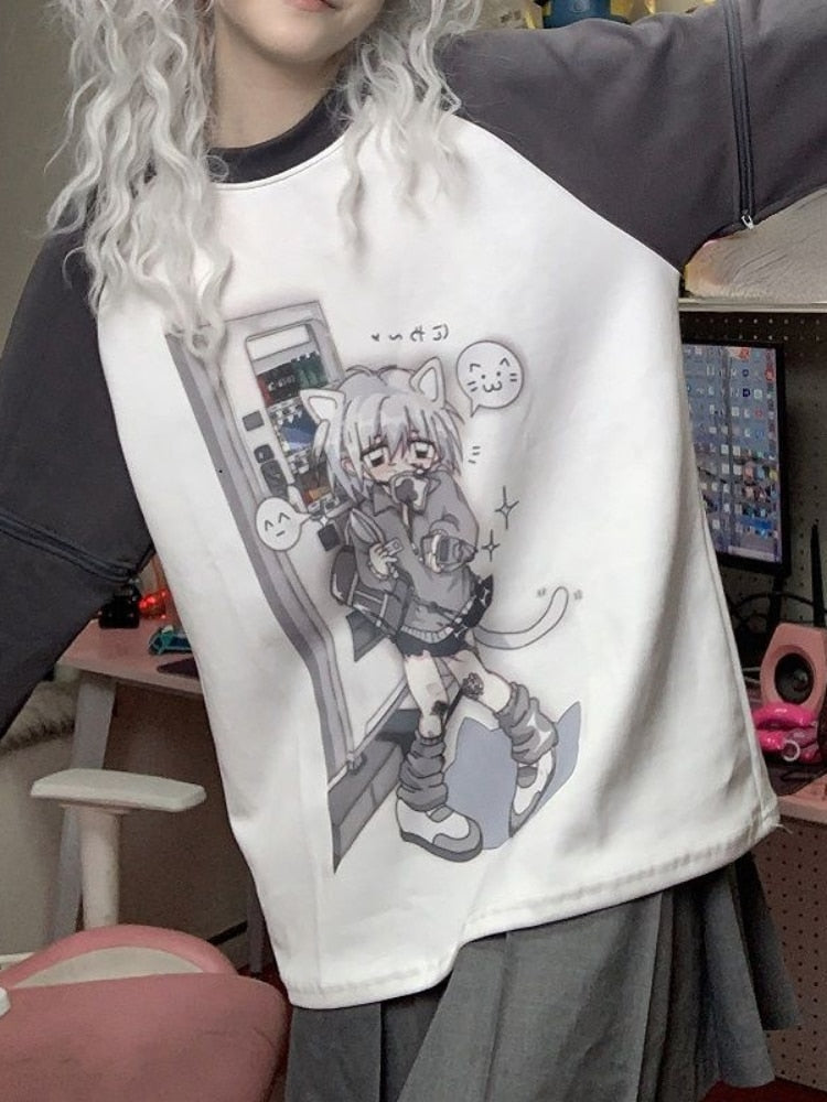 Grey Neko Girl Detachable Sleeve Tee L