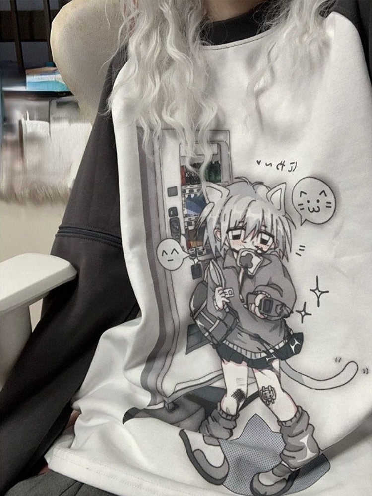 Grey Neko Girl Detachable Sleeve Tee