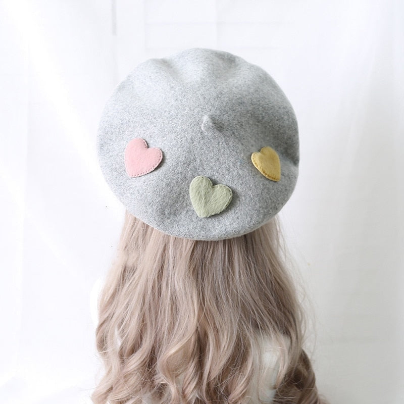 Kawaii Berets (21 styles) Blue Grey With Hearts