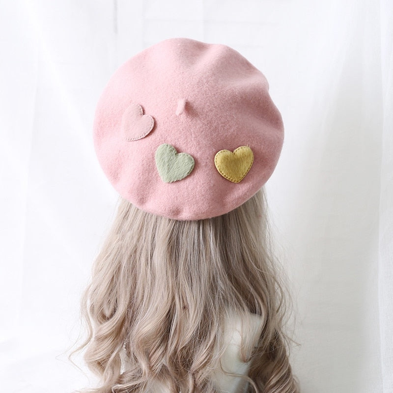 Kawaii Berets (21 styles) Pink With Hearts