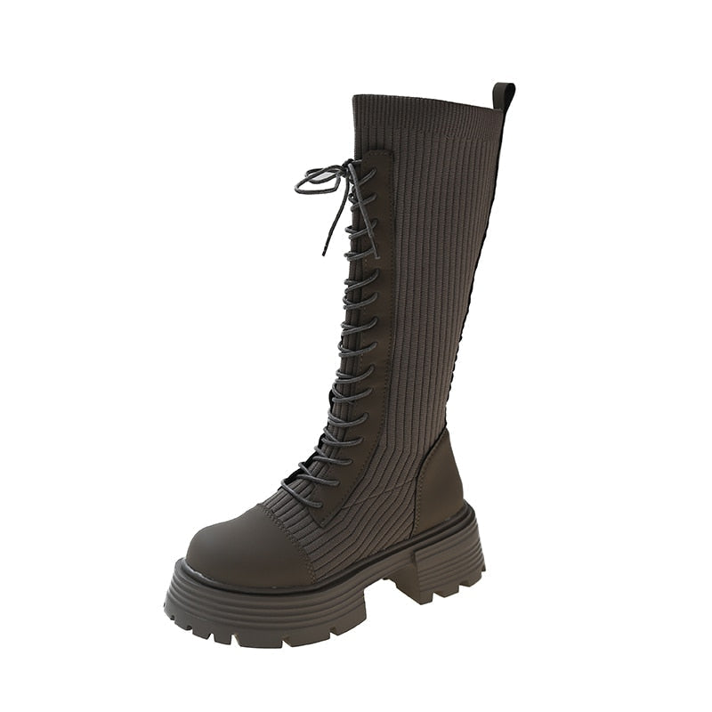 Knit Platform Knee High Boots Gray