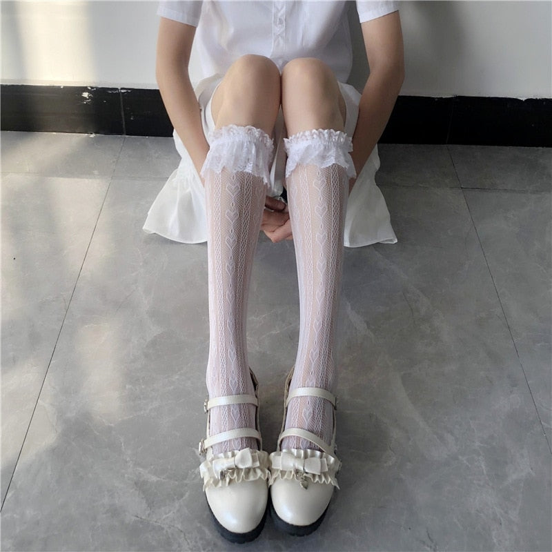 Lace Heart & Ribbon Stockings White Heart Lace
